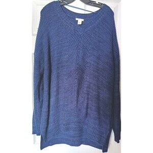Westbound Knit Tunic V-neck  Sweater Size XL Blue Ribbed Side Splits Relaxed